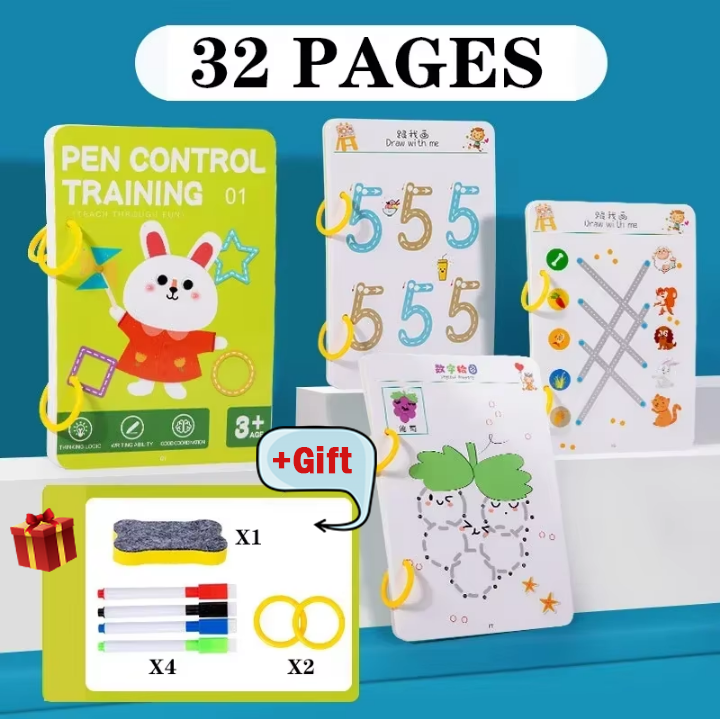 Pen Control Training Book. 32 Erasable Pages+ 4 pens, 2 buckles, 1 eraser