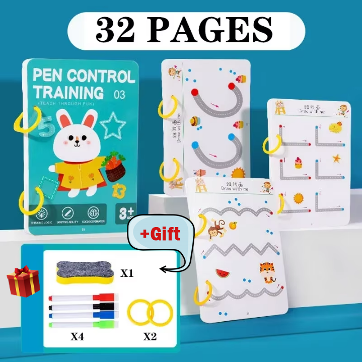 Pen Control Training Book. 32 Erasable Pages+ 4 pens, 2 buckles, 1 eraser